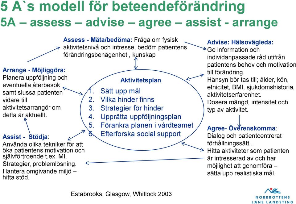 Assess - Mäta/bedöma: Fråga om fysisk aktivitetsnivå och intresse, bedöm patientens förändringsbenägenhet, kunskap Aktivitetsplan 1. Sätt upp mål 2. Vilka hinder finns 3. Strategier för hinder 4.