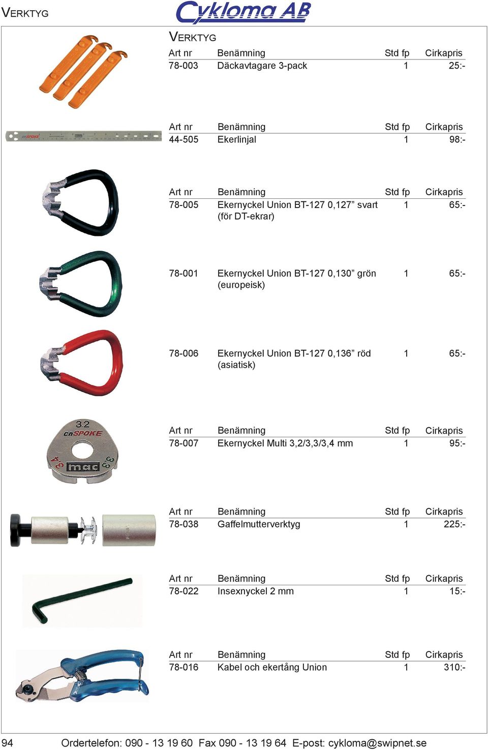 0,36 röd (asiatisk) 65:- 78-007 Ekernyckel Multi 3,2/3,3/3,4 mm 95:- 78-038 Gaffelmutterverktyg 225:- 78-022