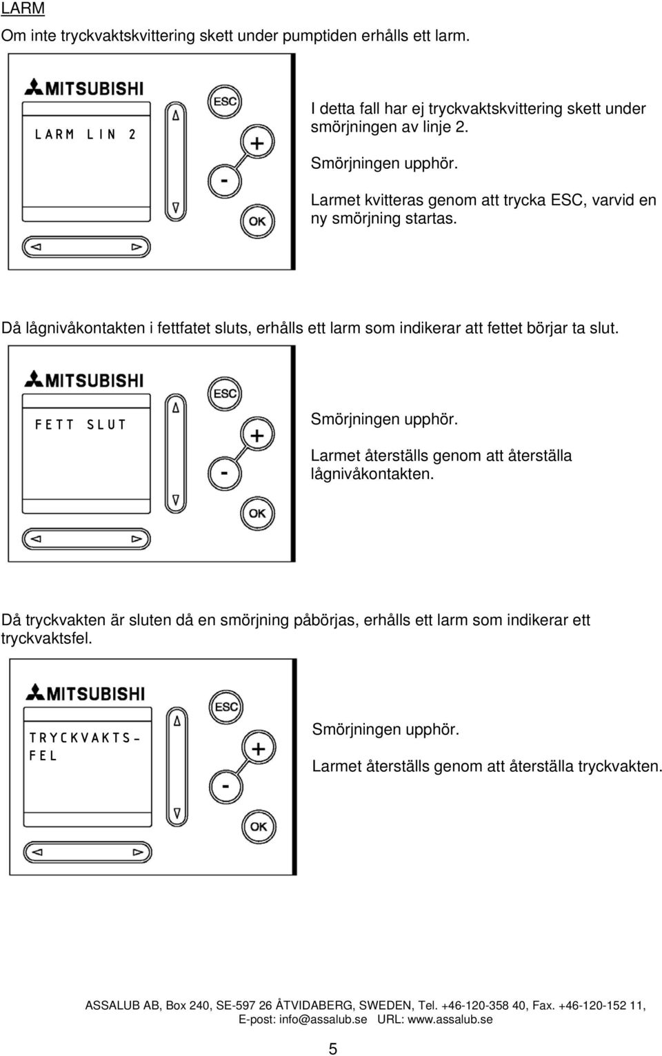 Larmet kvitteras genom att trycka ESC, varvid en ny smörjning startas.