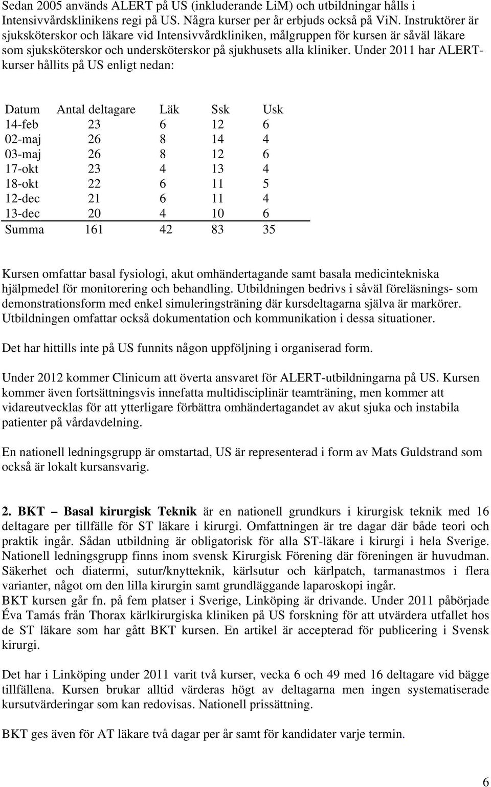 Under 2011 har ALERTkurser hållits på US enligt nedan: Datum Antal deltagare Läk Ssk Usk 14-feb 23 6 12 6 02-maj 26 8 14 4 03-maj 26 8 12 6 17-okt 23 4 13 4 18-okt 22 6 11 5 12-dec 21 6 11 4 13-dec