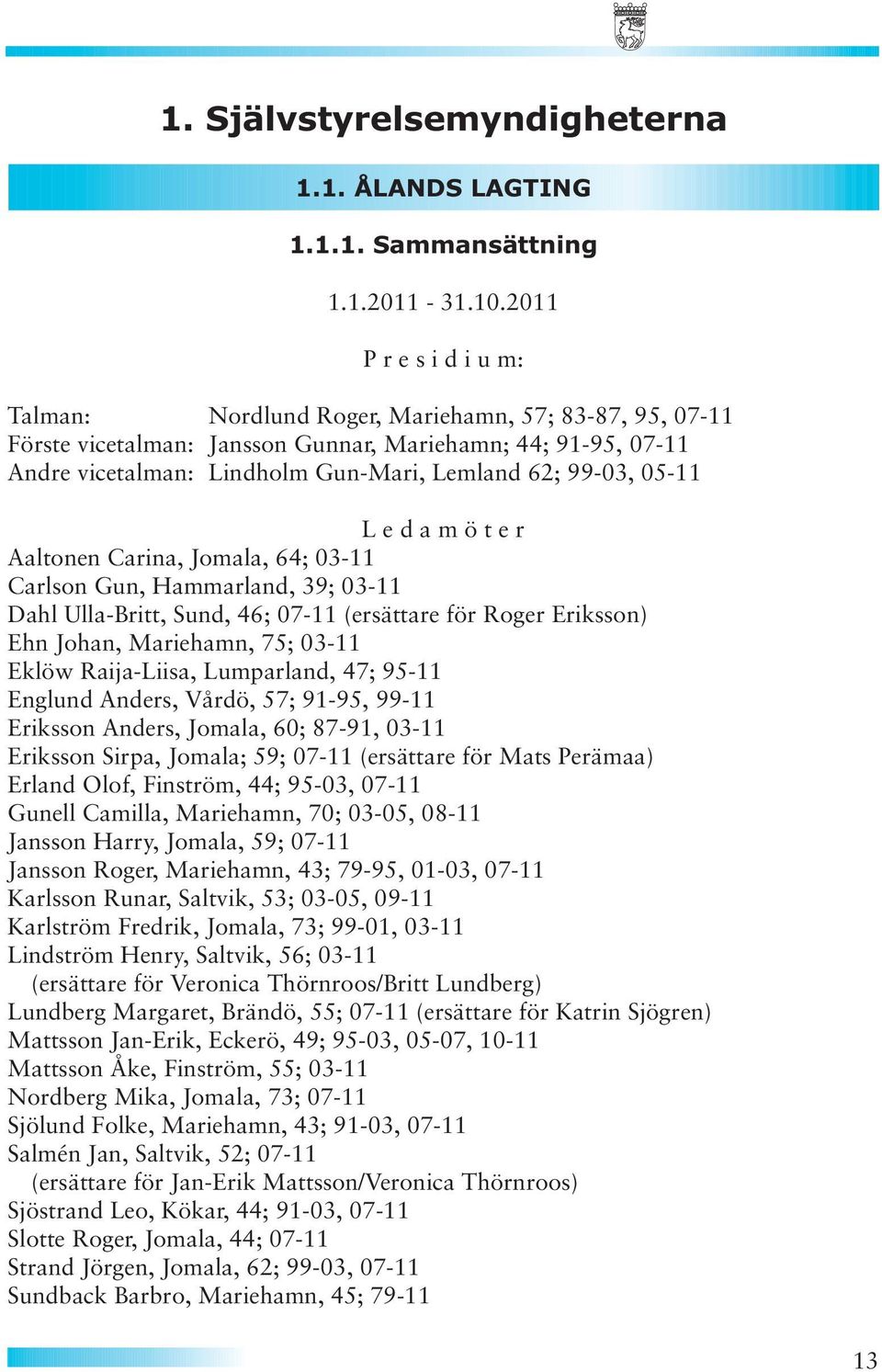 05-11 L e d a m ö t e r Aaltonen Carina, Jomala, 64; 03-11 Carlson Gun, Hammarland, 39; 03-11 Dahl Ulla-Britt, Sund, 46; 07-11 (ersättare för Roger Eriksson) Ehn Johan, Mariehamn, 75; 03-11 Eklöw