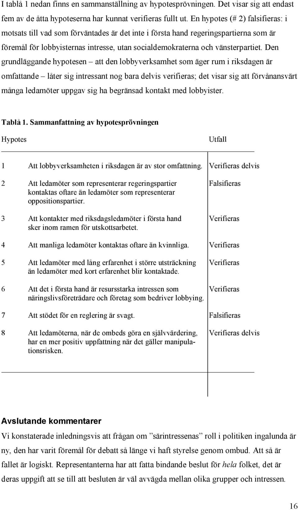 Den grundläggande hypotesen att den lobbyverksamhet som äger rum i riksdagen är omfattande låter sig intressant nog bara delvis verifieras; det visar sig att förvånansvärt många ledamöter uppgav sig