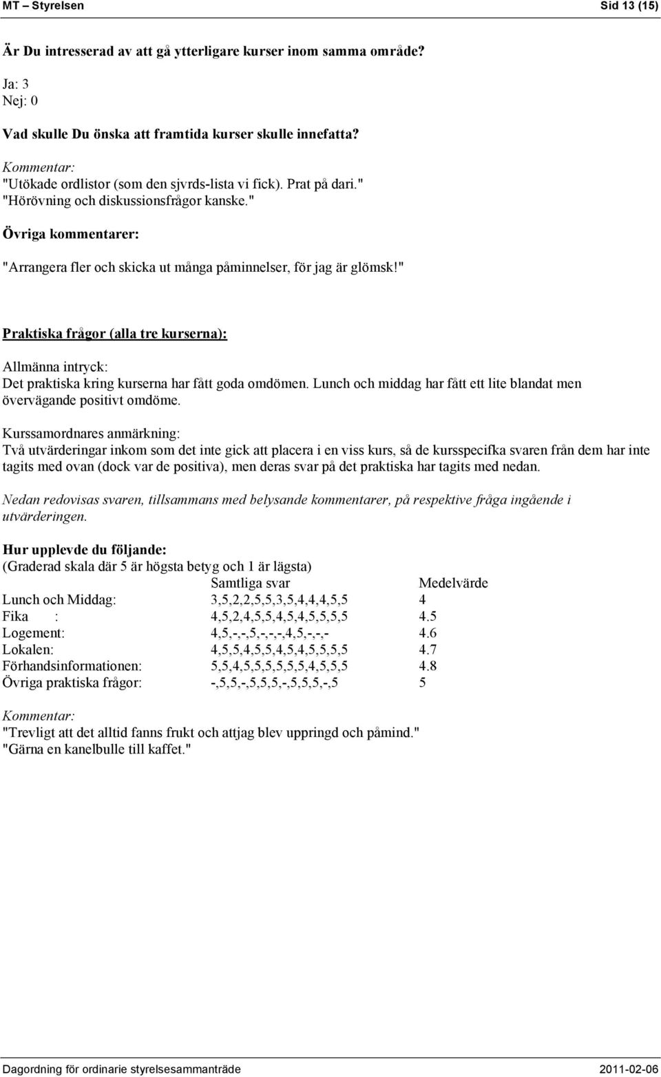 " Praktiska frågor (alla tre kurserna): Allmänna intryck: Det praktiska kring kurserna har fått goda omdömen. Lunch och middag har fått ett lite blandat men övervägande positivt omdöme.