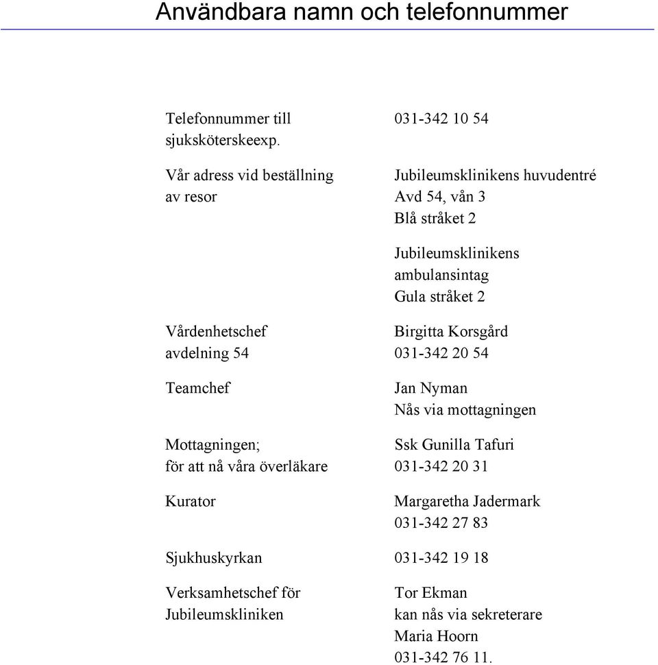 Gula stråket 2 Vårdenhetschef avdelning 54 Teamchef Mottagningen; för att nå våra överläkare Kurator Birgitta Korsgård 031-342 20 54 Jan Nyman