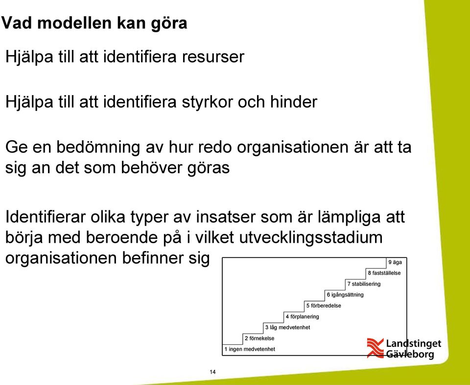 som är lämpliga att börja med beroende på i vilket utvecklingsstadium organisationen befinner sig 9 äga 2