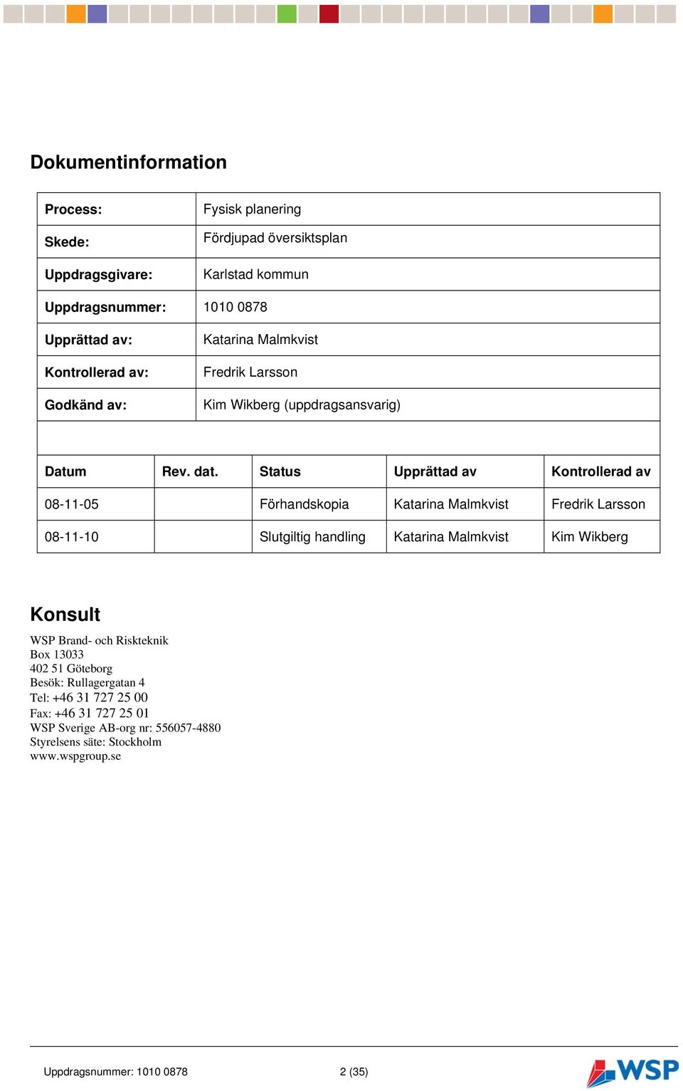 Status Upprättad av Kontrollerad av 08-11-05 Förhandskopia Katarina Malmkvist Fredrik Larsson 08-11-10 Slutgiltig handling Katarina Malmkvist Kim Wikberg Konsult