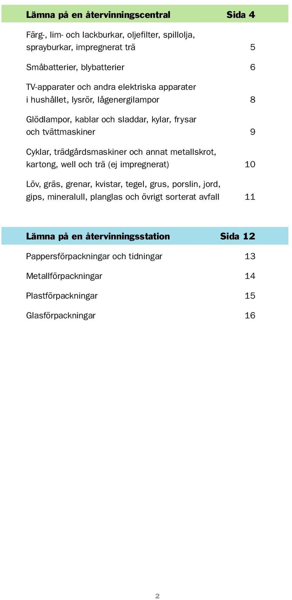 trädgårdsmaskiner och annat metallskrot, kartong, well och trä (ej impregnerat) 10 Löv, gräs, grenar, kvistar, tegel, grus, porslin, jord, gips, mineralull,