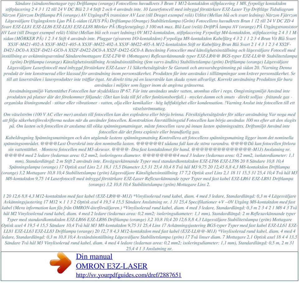 10 Laserfotocell med inbyggd förstärkare E3Z-Laser Typ Driftläge Tidsdiagram Närzon Fjärrzon Driftlampa PÅ (orange) AV UtgångsPÅ transistor AV Last (till Draget exempel relä) Utlöst (Mellan blå och
