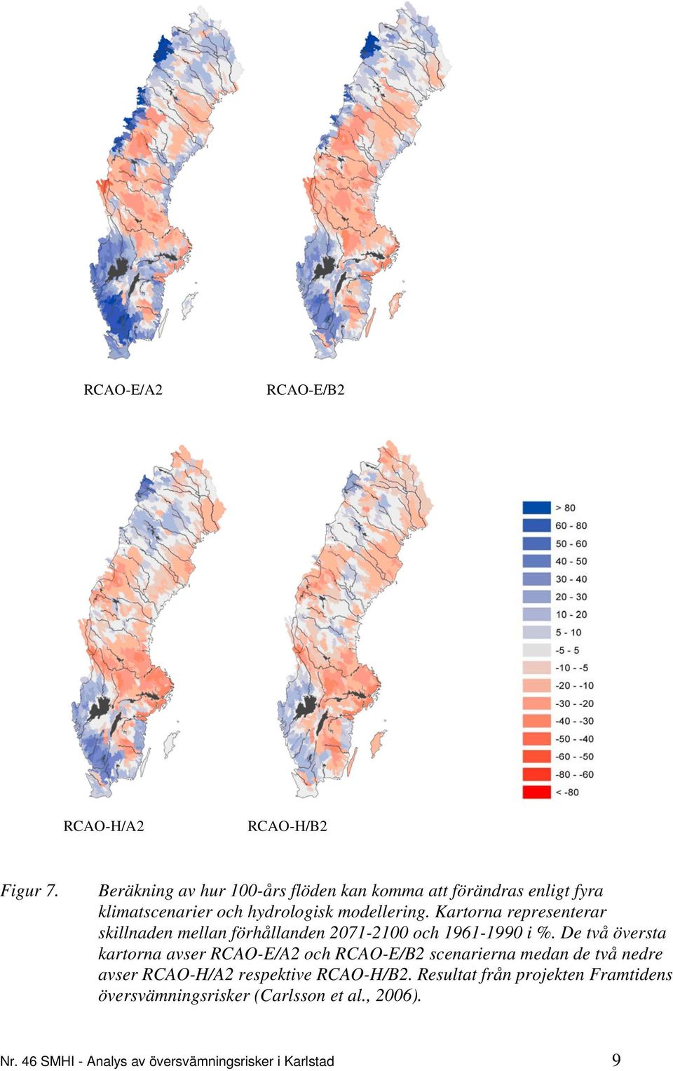 Kartorna representerar skillnaden mellan förhållanden 2071-2100 och 1961-1990 i %.