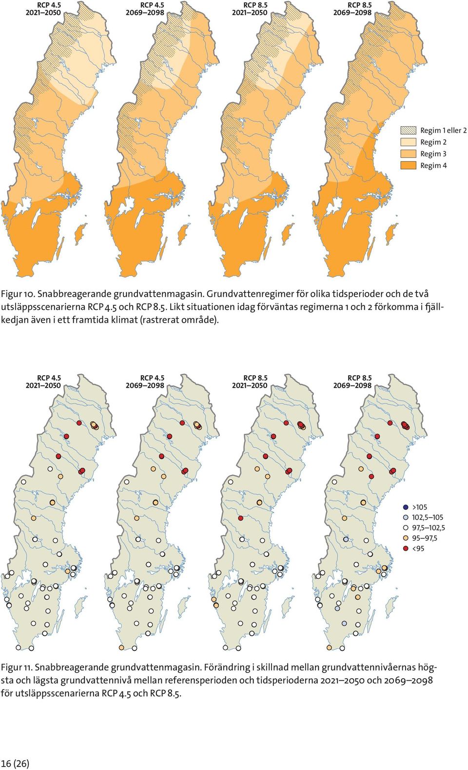 Likt situationen idag förväntas regimerna 1 och 2 förkomma i fjällkedjan även i ett framtida klimat (rastrerat område). RCP 4.5 RCP 4.