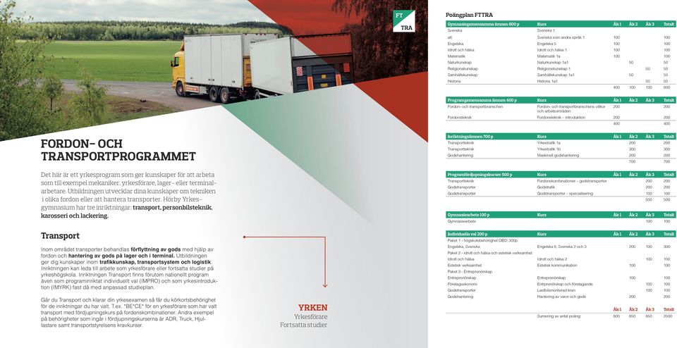 Programgemensamma ämnen p Fordon- och transportbranschen Fordon- och transportbranschens villkor och arbetsområden Fordonsteknik Fordonsteknik introduktion Inriktningsämnen p Transportteknik