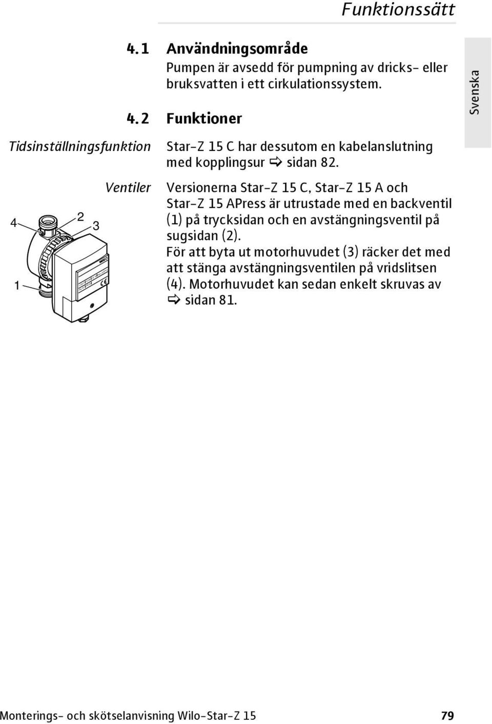 2 Funktioner Ventiler Star-Z 15 C har dessutom en kabelanslutning med kopplingsur sidan 82.