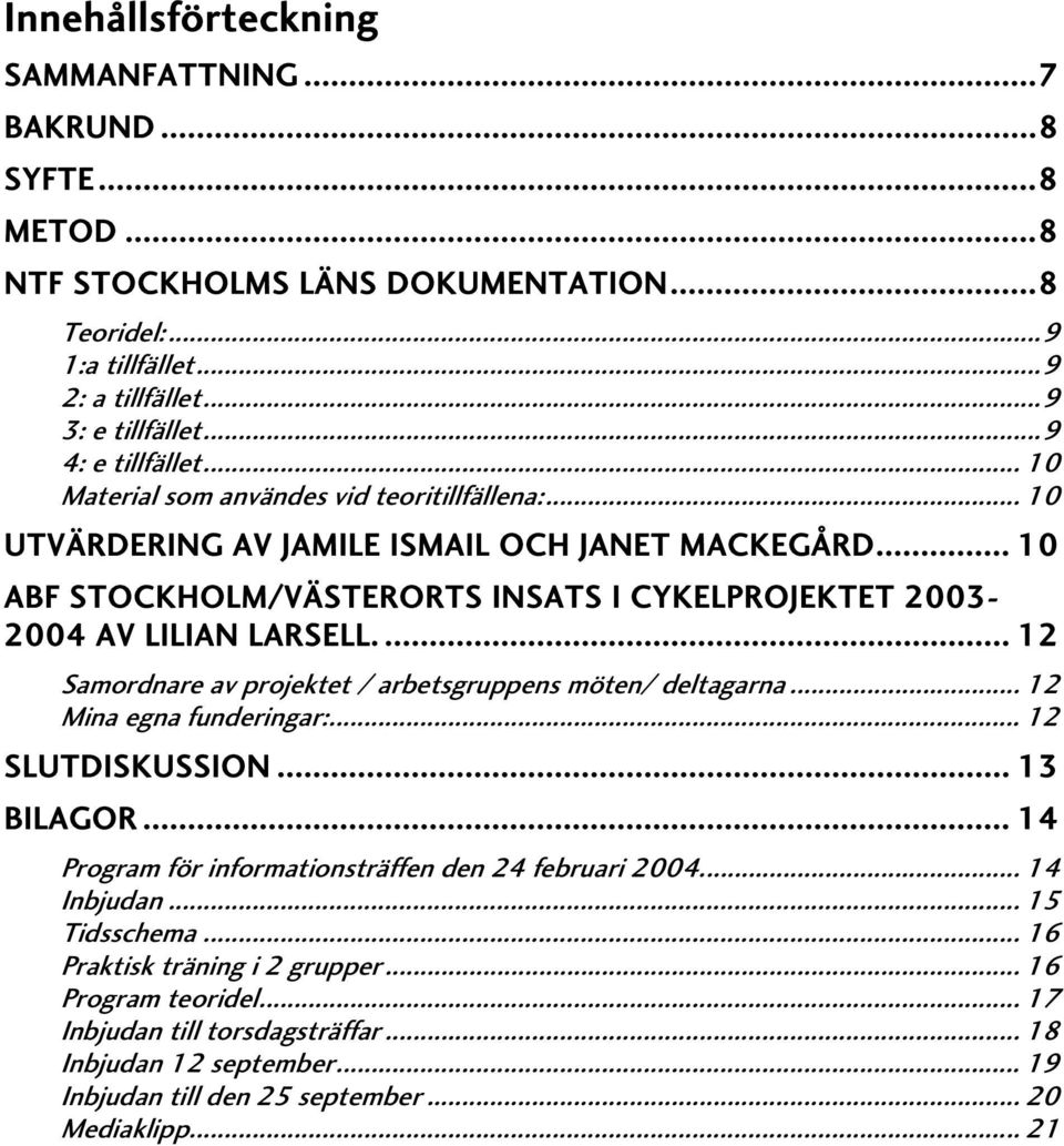 ... 12 Samordnare av projektet / arbetsgruppens möten/ deltagarna... 12 Mina egna funderingar:... 12 SLUTDISKUSSION... 13 BILAGOR... 14 Program för informationsträffen den 24 februari 2004.