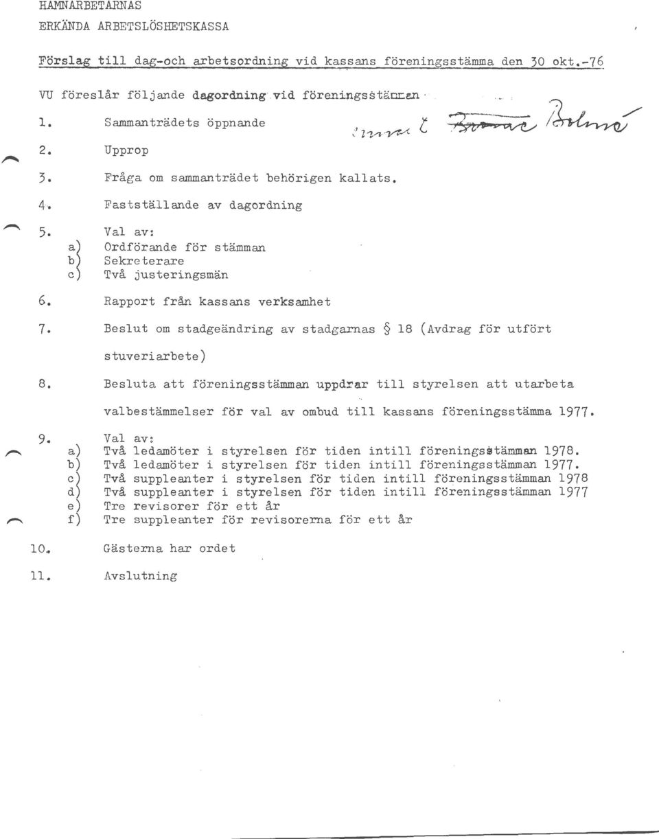 Rapport från kassans verksamhet 7. Beslut om stadgeändring av stadgarnas 18 (Avdrag för utfört stuveriarbete) 8.