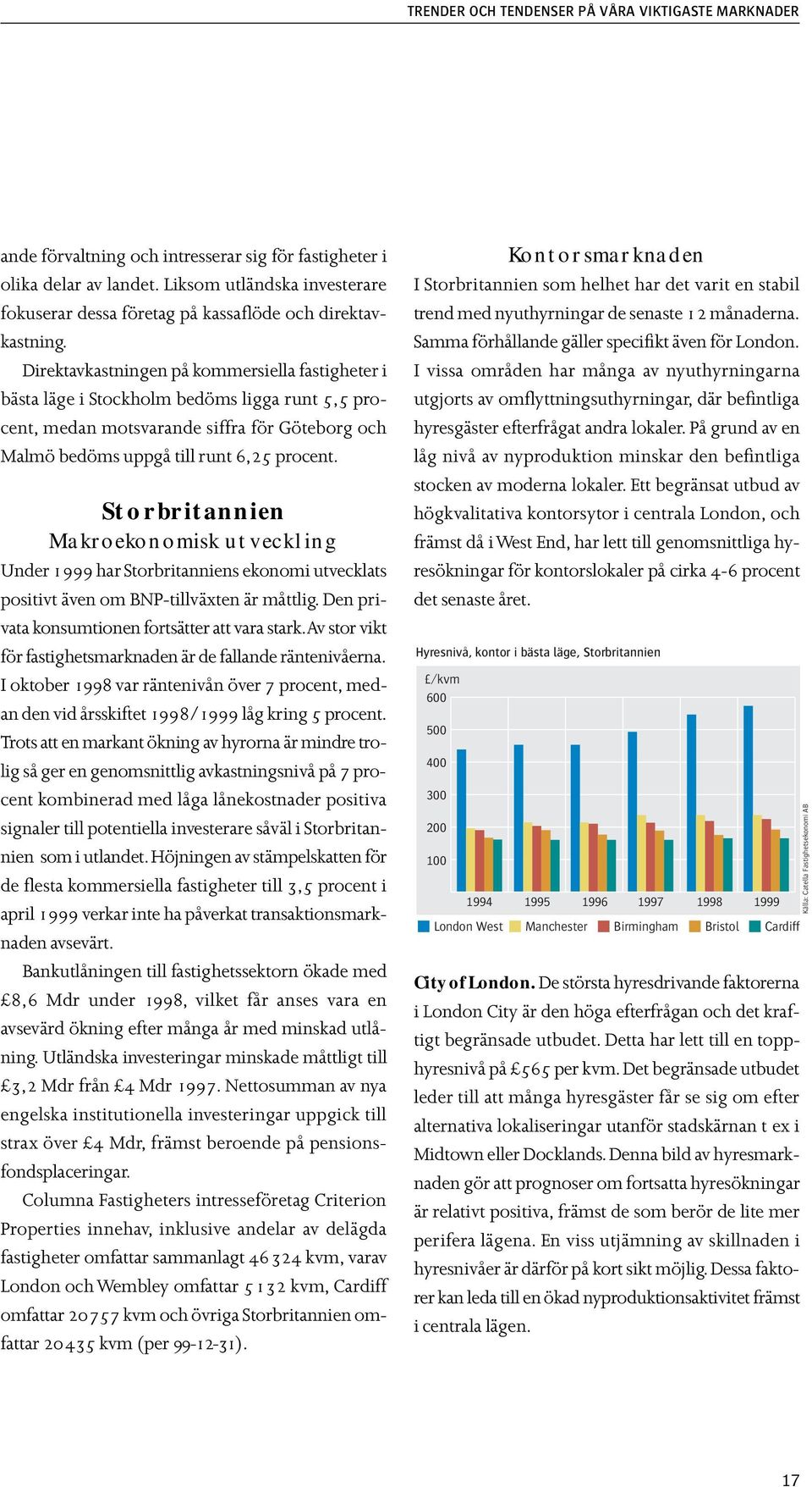 Direktavkastningen på kommersiella fastigheter i bästa läge i Stockholm bedöms ligga runt 5,5 procent, medan motsvarande siffra för Göteborg och Malmö bedöms uppgå till runt 6,25 procent.