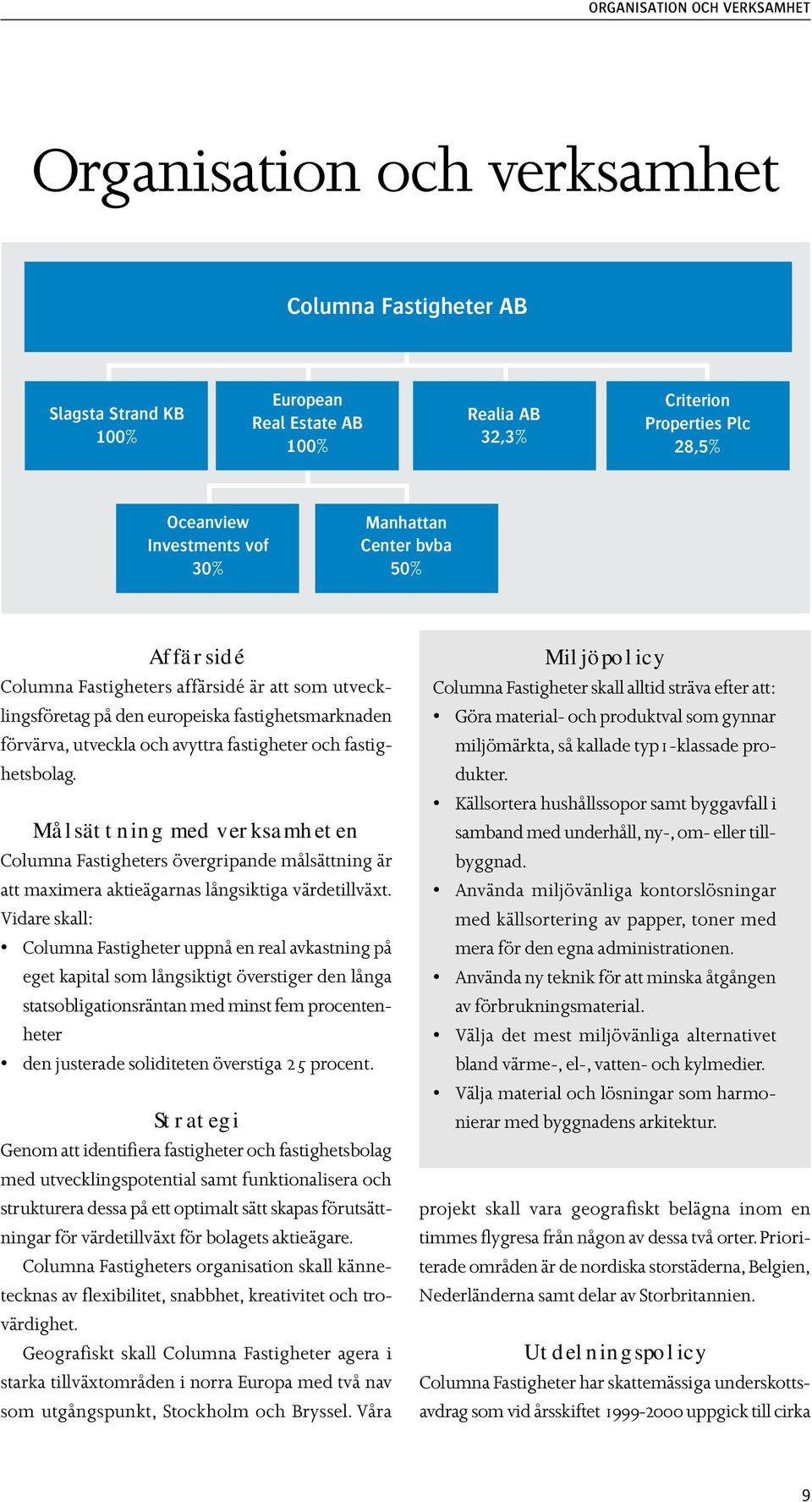 fastighetsbolag. Målsättning med verksamheten Columna Fastigheters övergripande målsättning är att maximera aktieägarnas långsiktiga värdetillväxt.