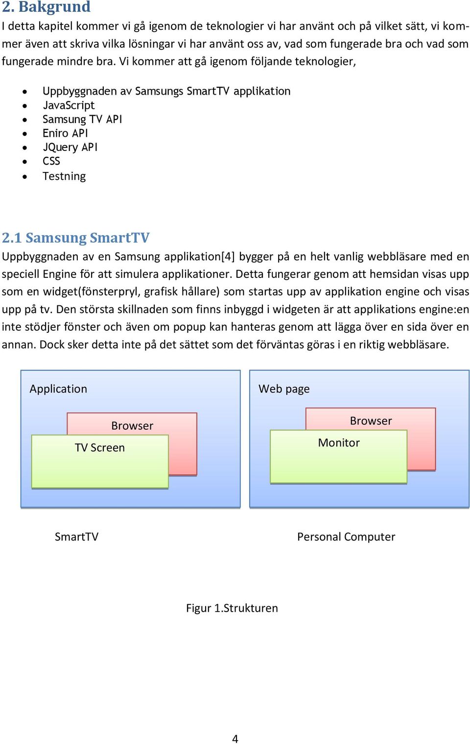 1 Samsung SmartTV Uppbyggnaden av en Samsung applikation[4] bygger på en helt vanlig webbläsare med en speciell Engine för att simulera applikationer.