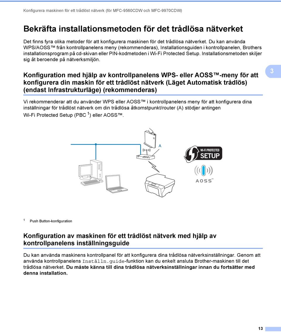 Du kan använda WPS/AOSS från kontrollpanelens meny (rekommenderas), Installationsguiden i kontrollpanelen, Brothers installationsprogram på cd-skivan eller PIN-kodmetoden i Wi-Fi Protected Setup.