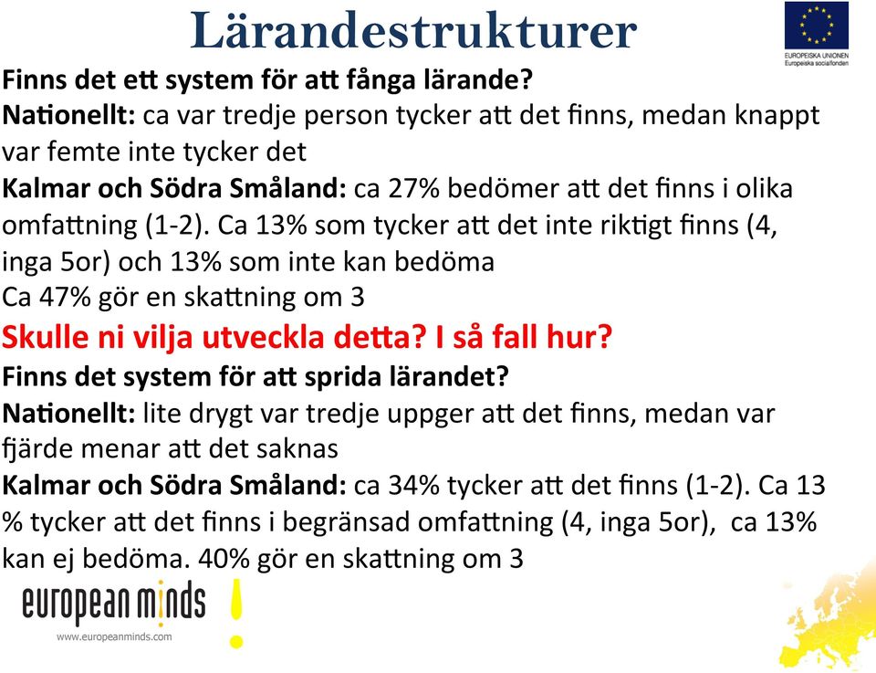 Ca 13% som tycker ae det inte rikkgt finns (4, inga 5or) och 13% som inte kan bedöma Ca 47% gör en skaening om 3 Skulle ni vilja utveckla de7a? I så fall hur?