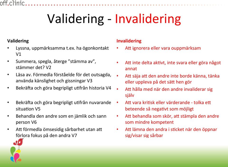 som en jämlik och sann person V6 AR förmedla ömsesidig sårbarhet utan ar förlora fokus på den andra V7 Invalidering AR ignorera eller vara ouppmärksam AR inte delta akfvt, inte svara eller göra något