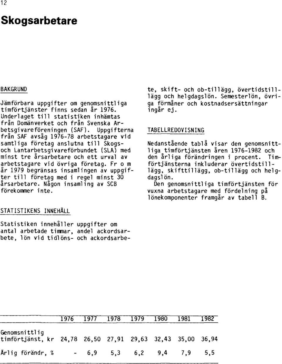 Uppgifterna från SAF avsåg 1976-78 arbetstagare vid samtliga företag anslutna till Skogsoch Lantarbetsgivareförbundet (SLA) med minst tre årsarbetare och ett urval av arbetstagare vid övriga företag.