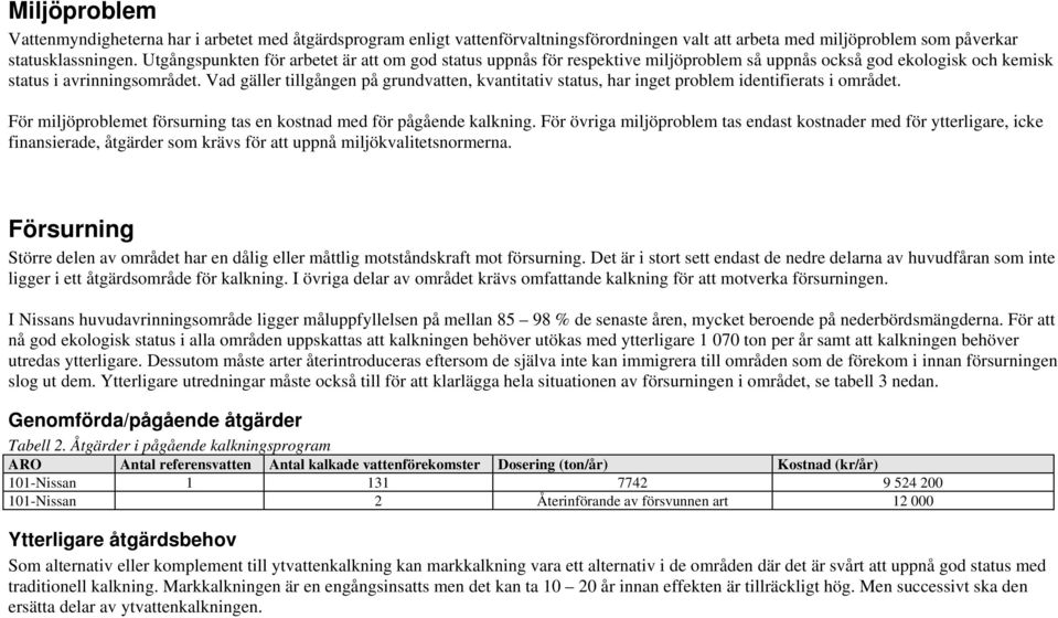 Vad gäller tillgången på grundvatten, kvantitativ, har inget problem identifierats i området. För miljöproblemet försurning tas en kostnad med för pågående kalkning.