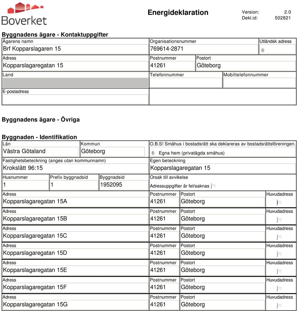 E-postadress Byggnadens ägare - Övriga Byggnaden - Identifikation Län Västra Götaland Kommun Fastighetsbeteckning (anges utan kommunnamn) Krokslätt 96:15 Husnummer 1 Kopparslagaregatan 15A