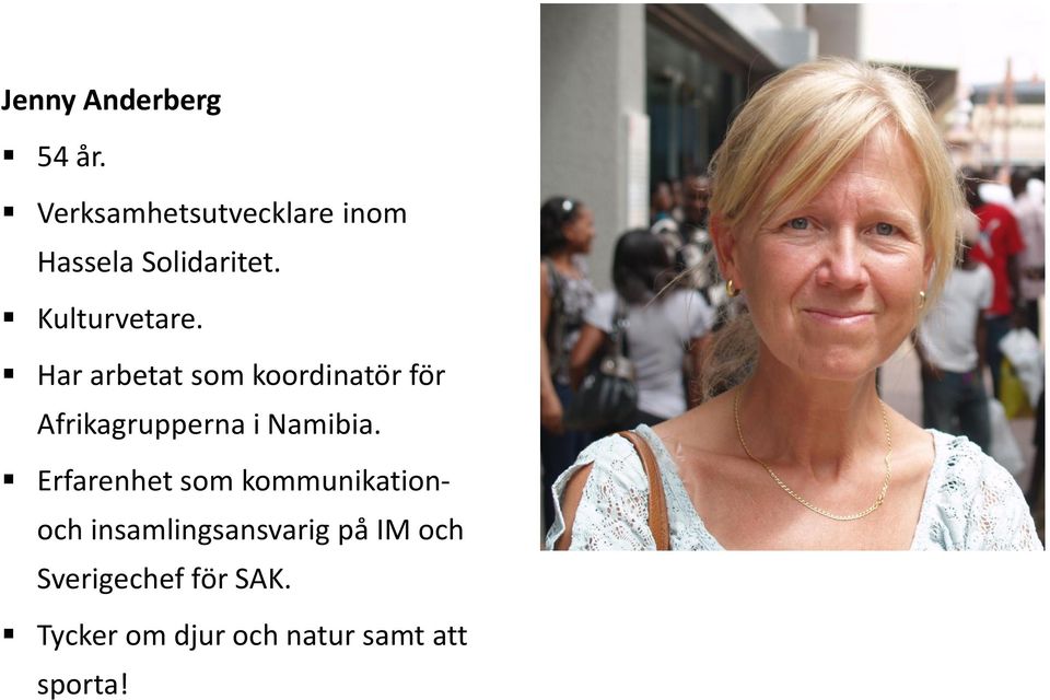 Har arbetat som koordinatör för Afrikagrupperna i Namibia.