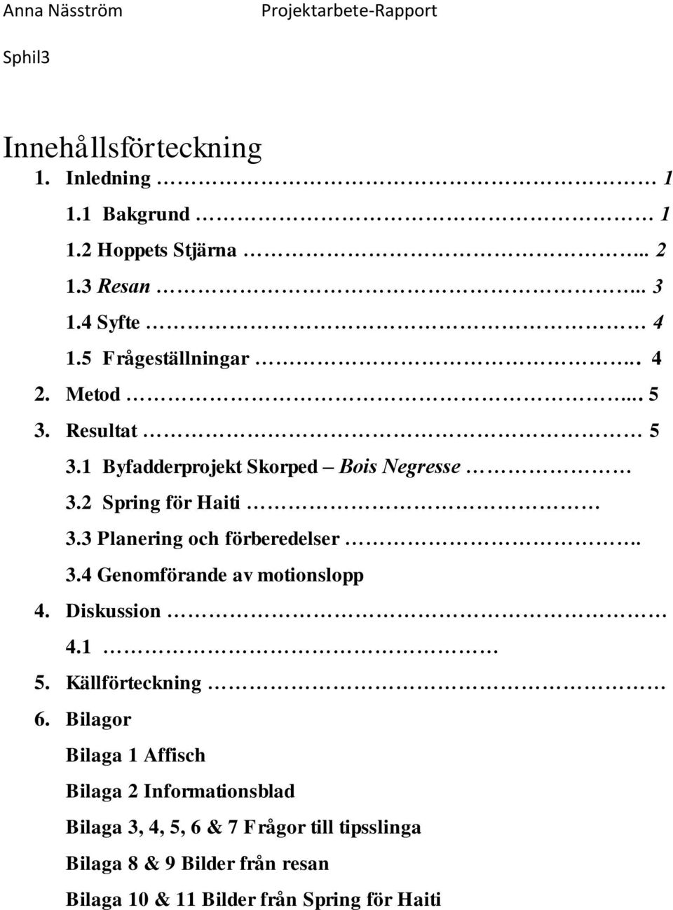 3 Planering och förberedelser. 3.4 Genomförande av motionslopp 4. Diskussion 4.1 5. Källförteckning 6.