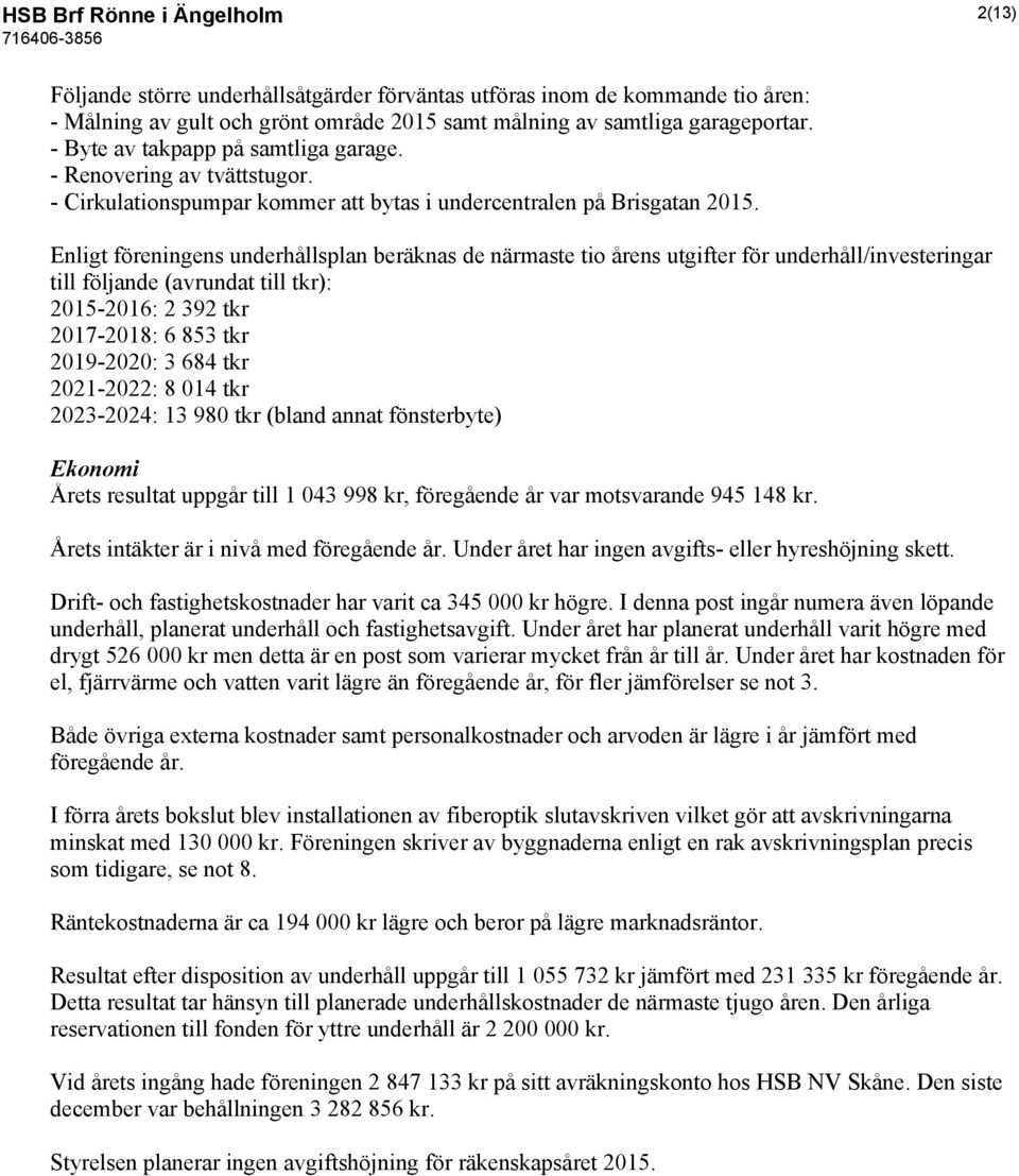 Enligt föreningens underhållsplan beräknas de närmaste tio årens utgifter för underhåll/investeringar till följande (avrundat till tkr): 2015-2016: 2 392 tkr 2017-2018: 6 853 tkr 2019-2020: 3 684 tkr