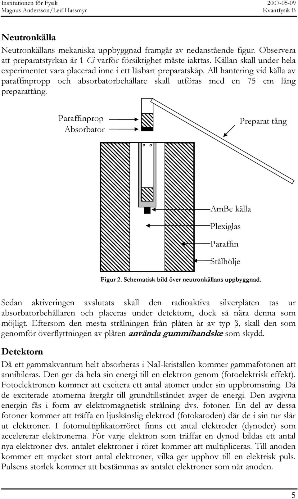 Paraffinprop Absorbator Preparat tång AmBe källa Plexiglas Paraffin Stålhölje Figur 2. Schematisk bild över neutronkällans uppbyggnad.