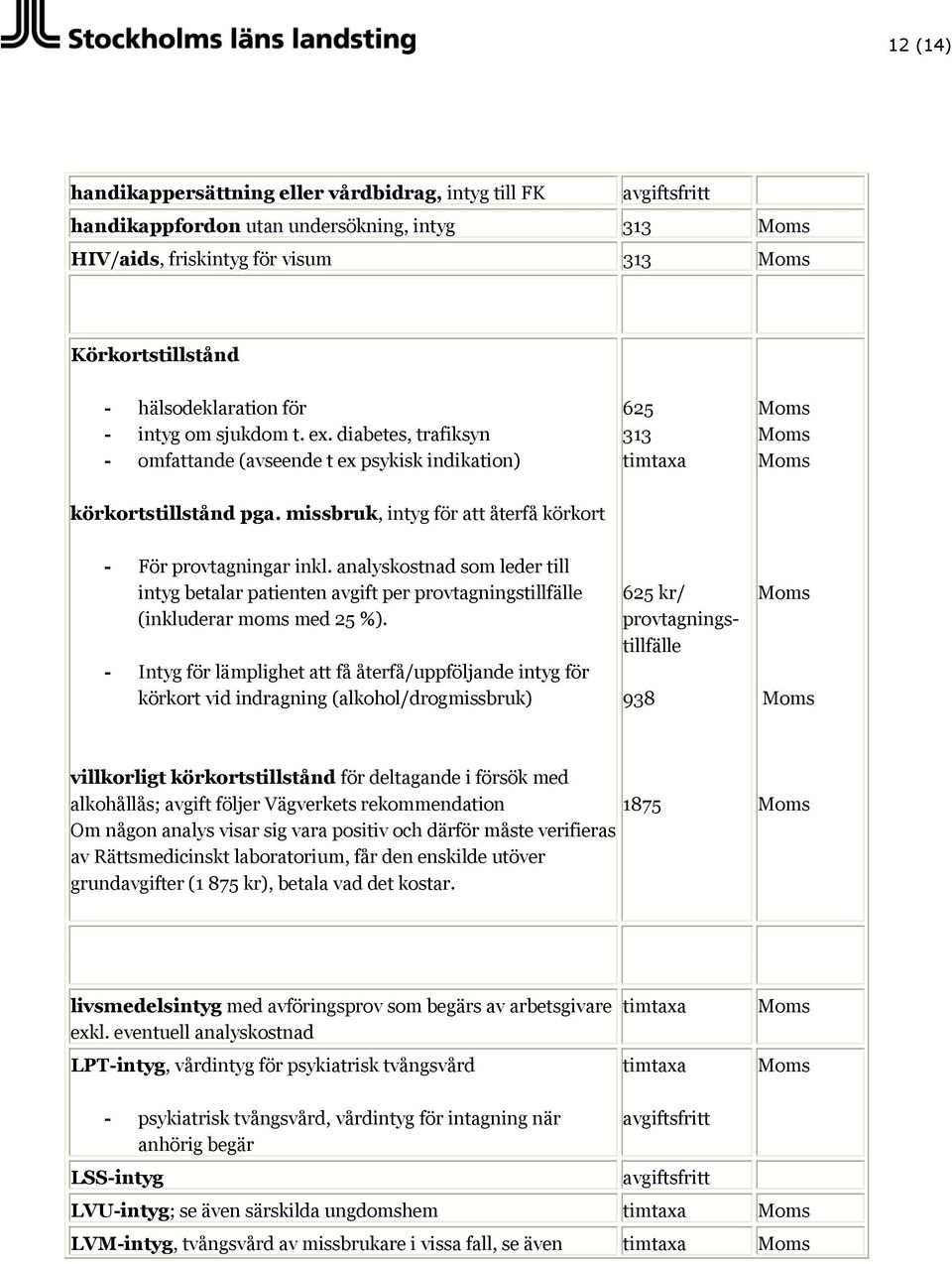 analyskostnad som leder till intyg betalar patienten avgift per provtagningstillfälle (inkluderar moms med 25 %).