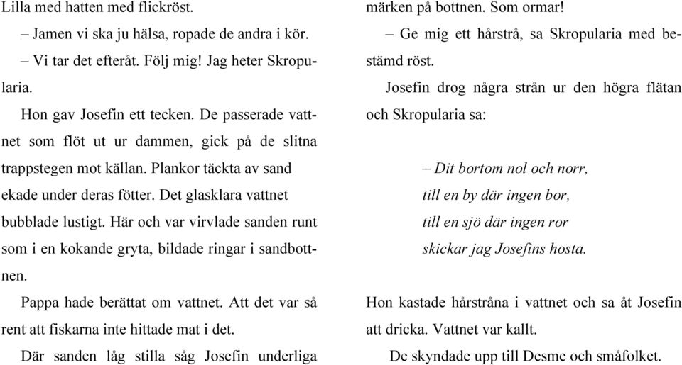 Här och var virvlade sanden runt som i en kokande gryta, bildade ringar i sandbottnen. Pappa hade berättat om vattnet. Att det var så rent att fiskarna inte hittade mat i det.