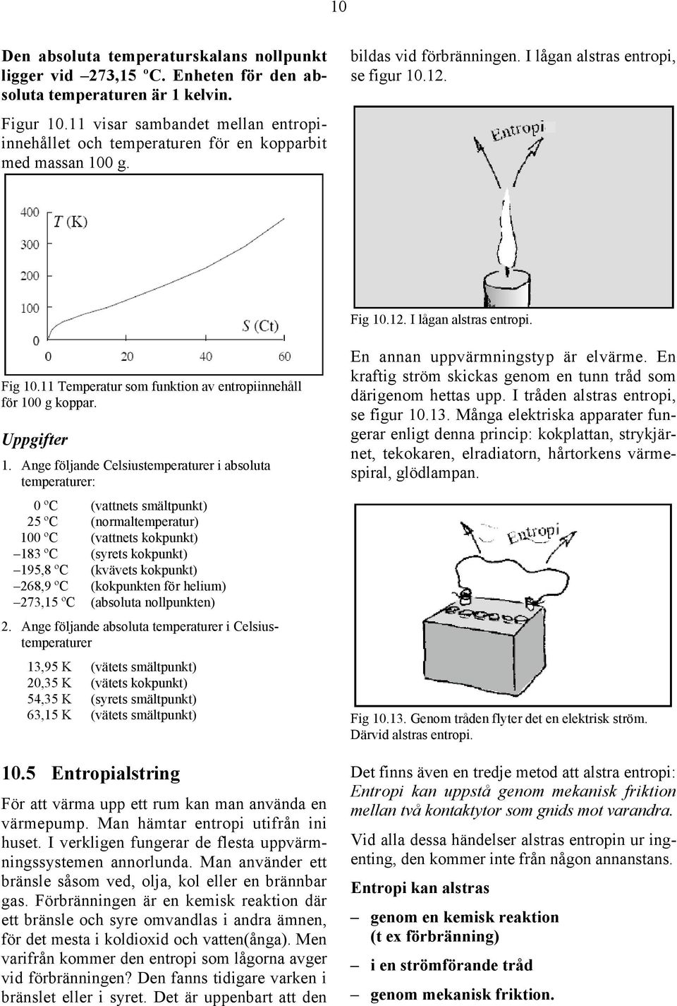 12. I lågan alstras entropi. Fig 10.11 Temperatur som funktion av entropiinnehåll för 100 g koppar. Uppgifter 1.