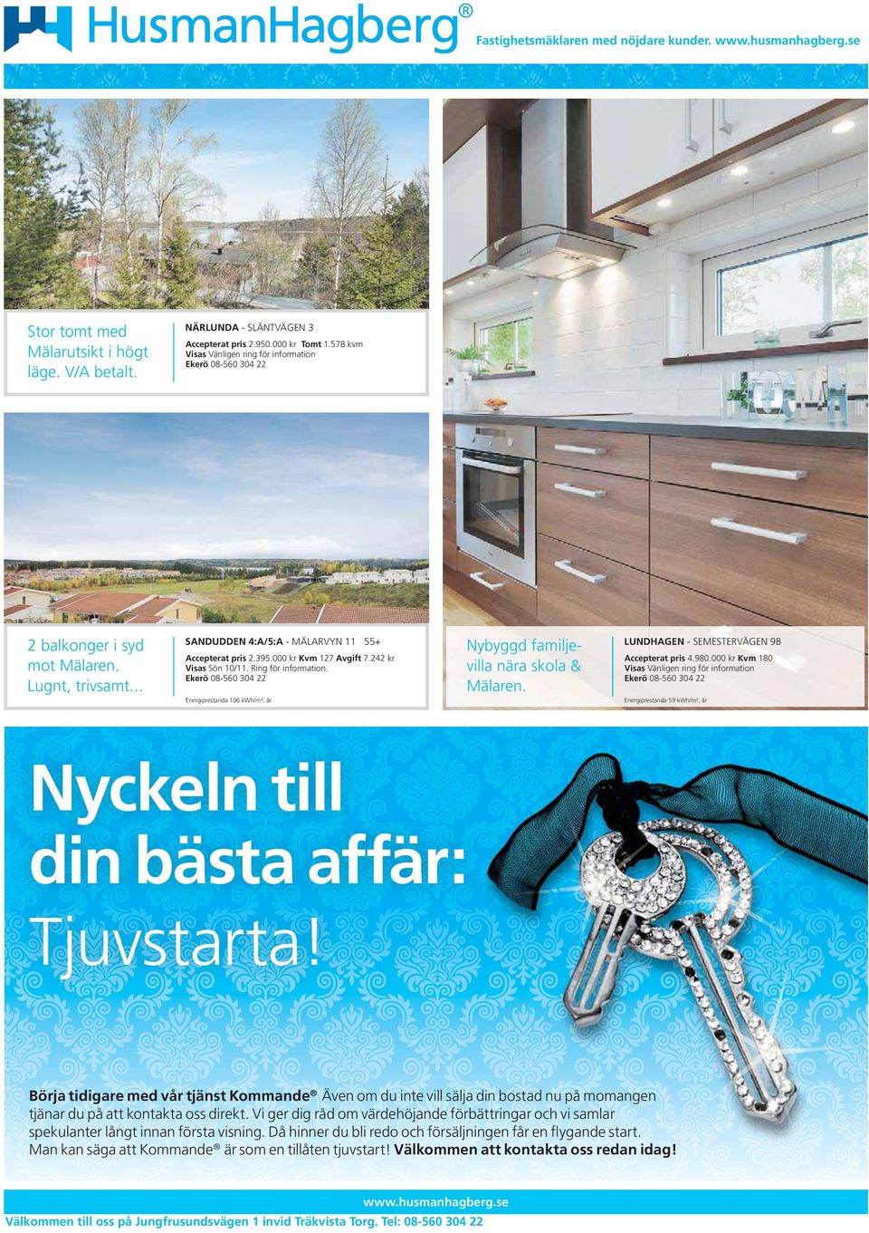 242 kr Visas Sön 10/11. Ring för information. Ekerö 08-560 304 22 Nybyggd familjevilla nära skola & Mälaren. Energiprestanda 106 kwh/m², år LUNDHAGEN - SEMESTERVÄGEN 9B Accepterat pris 4.980.