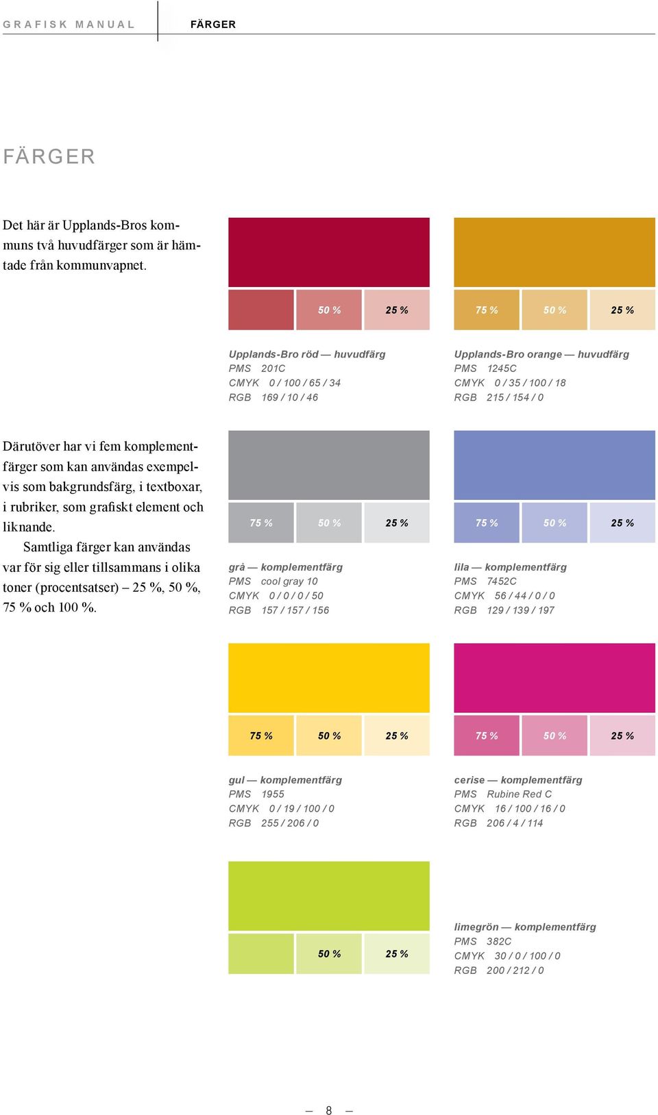 har vi fem komplementfärger som kan användas exempelvis som bakgrundsfärg, i text boxar, i rubriker, som grafiskt element och liknande.