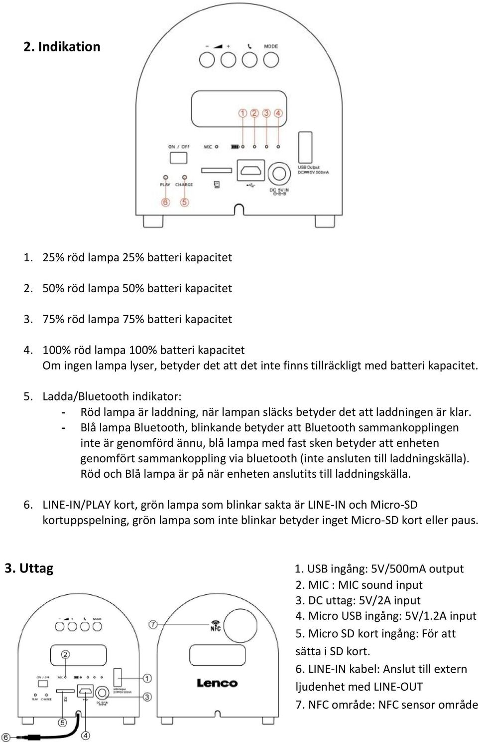 Ladda/Bluetooth indikator: - Röd lampa är laddning, när lampan släcks betyder det att laddningen är klar.