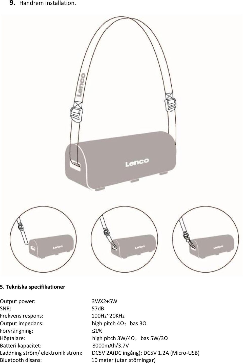 Output impedans: high pitch 4Ω;bas 3Ω Förvrängning: 1% Högtalare: high pitch 3W/4Ω,bas