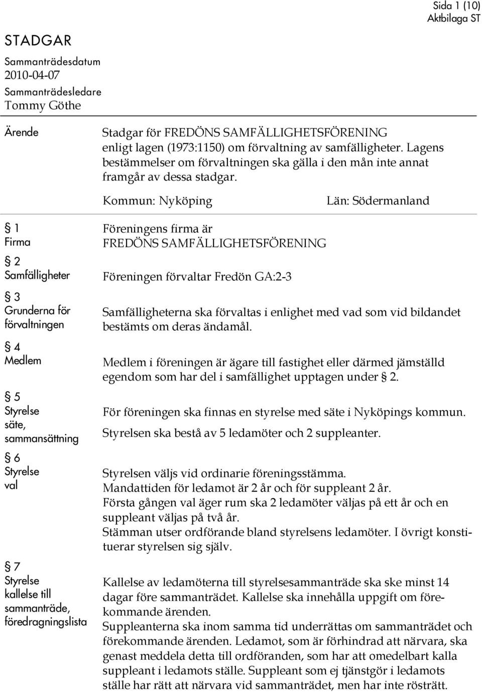 Kommun: Nyköping Län: Södermanland 1 Firma 2 Samfälligheter 3 Grunderna för förvaltningen 4 Medlem 5 Styrelse säte, sammansättning 6 Styrelse val 7 Styrelse kallelse till sammanträde,