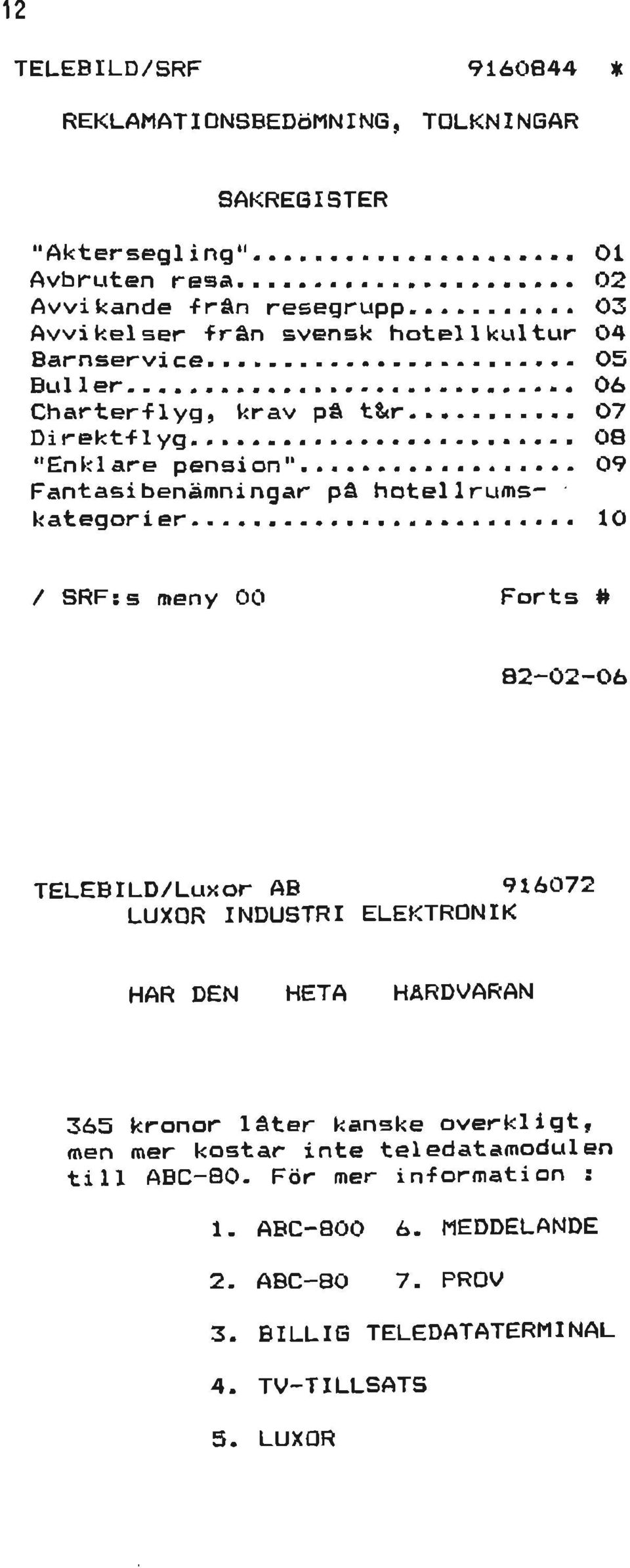 htellrumskategrier 10 / SRF:s meny 00 Fs # 82-02-06 TELEBILD/Luxr AB 916072 LUXOR INDUSTRI ELEKTRONIK HAR DEN HETA HÄRDVARAN 65 knr låter kanske