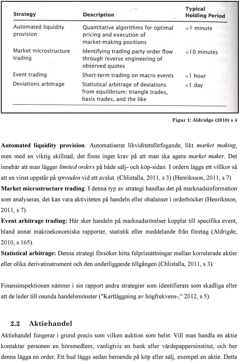 (Chlistalla, 2011, s 3) (Henriksson, 2011, s 7) Market microstructure trading: I denna typ av strategi handlas det på marknadsinformation som analyseras, det kan vara aktiviteten på handeln eller