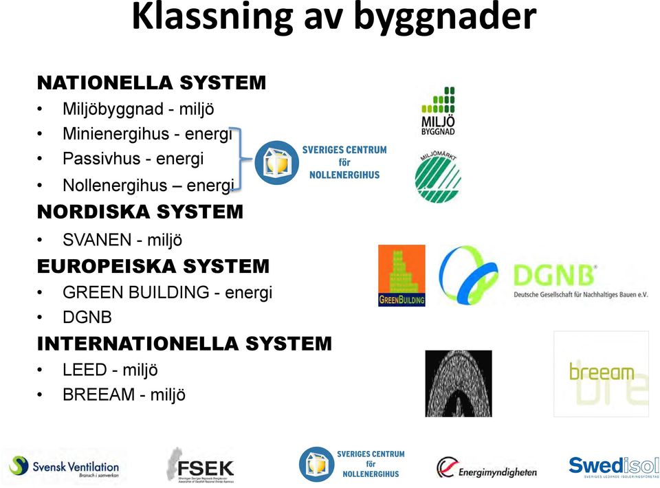 NORDISKA SYSTEM SVANEN - miljö EUROPEISKA SYSTEM GREEN BUILDING