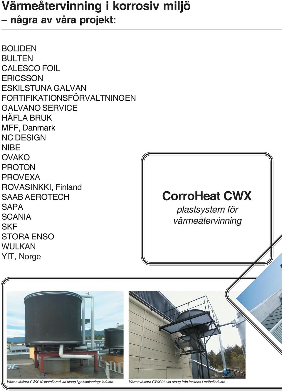 Finland SAAB AEROTECH SAPA SCANIA SKF STORA ENSO WULKAN YIT, Norge CorroHeat CWX plastsystem för värmeåtervinning