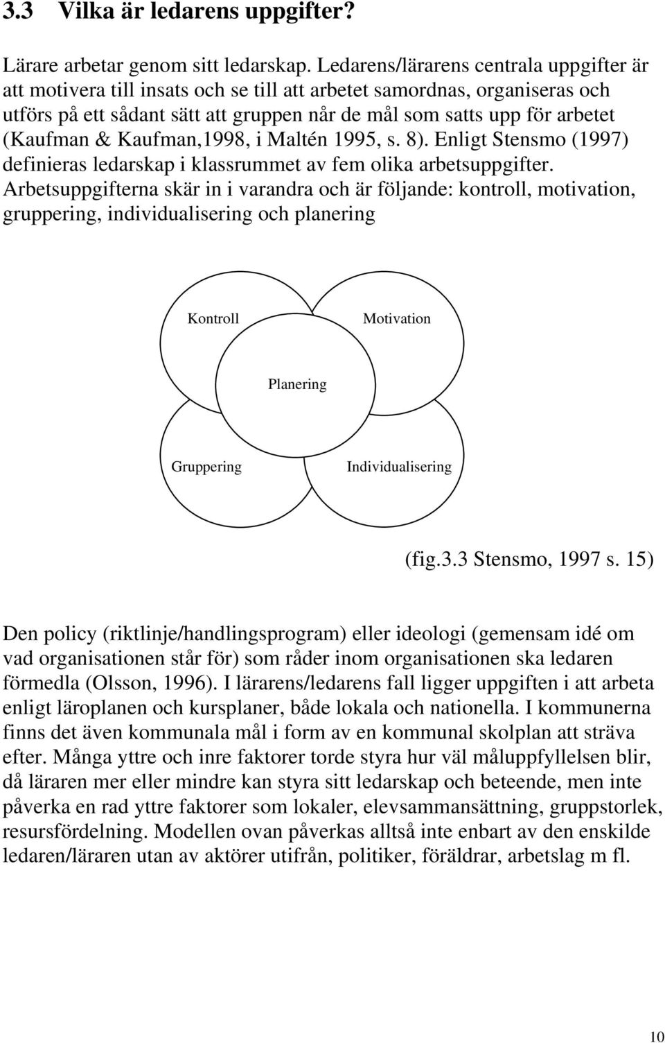 & Kaufman,1998, i Maltén 1995, s. 8). Enligt Stensmo (1997) definieras ledarskap i klassrummet av fem olika arbetsuppgifter.