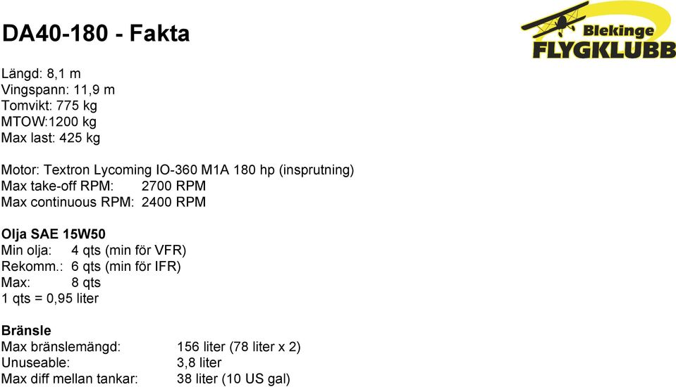 Olja SAE 15W50 Min olja: 4 qts (min för VFR) Rekomm.