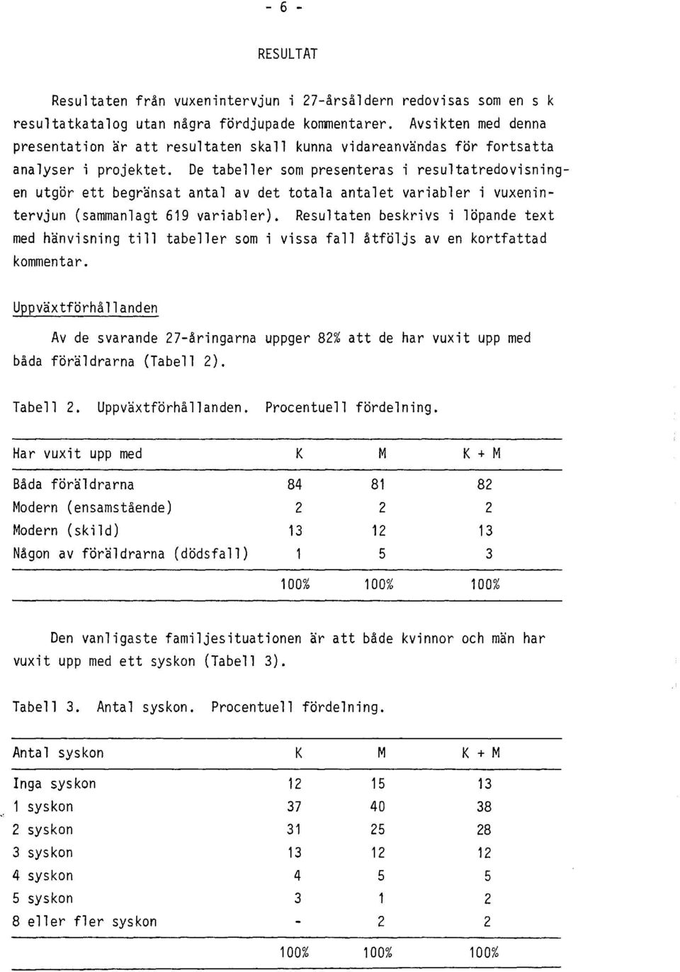 De tabeller som presenteras i resultatredovisningen utgor ett begransat antal av det totala antalet variabler i vuxenintervjun (sammanlagt 619 variabler).