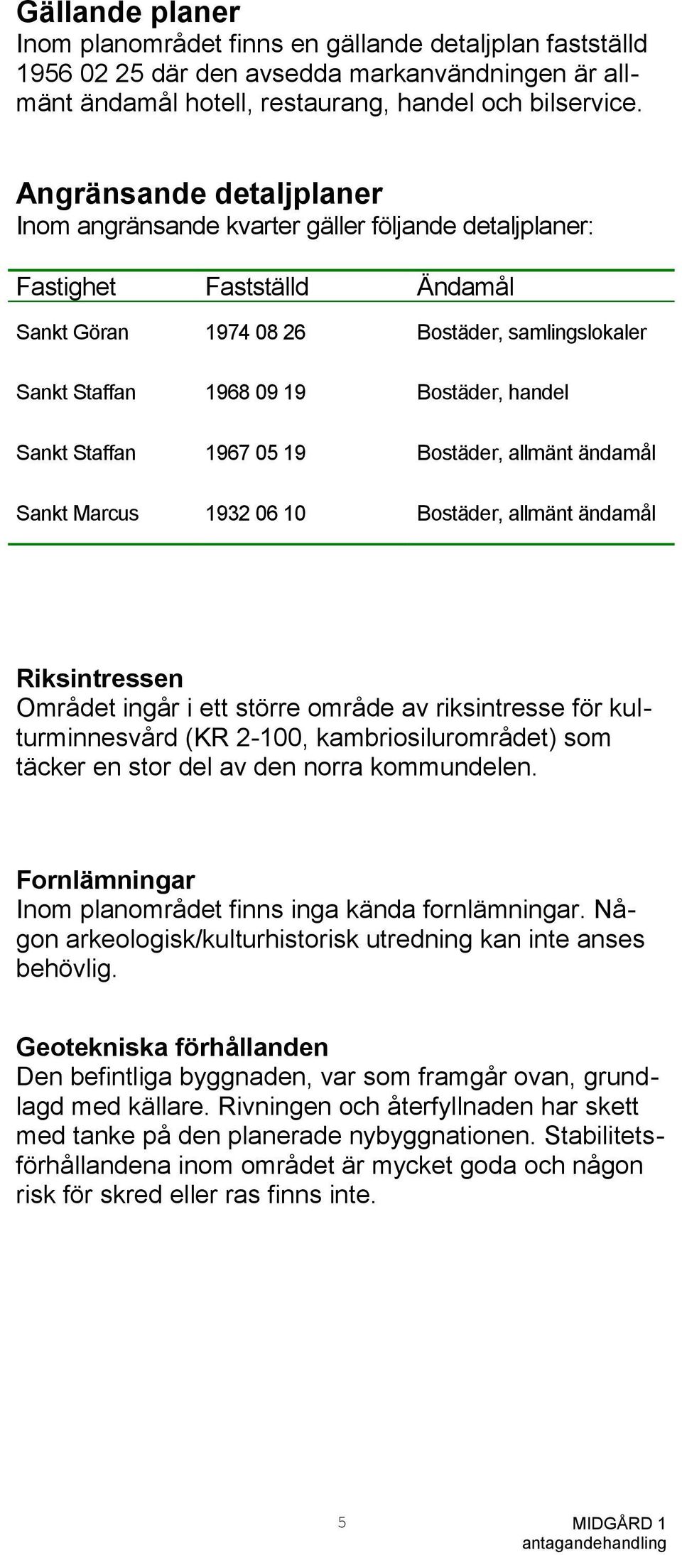 Sankt Staffan 1967 05 19 Bostäder, allmänt ändamål Sankt Marcus 1932 06 10 Bostäder, allmänt ändamål Riksintressen Området ingår i ett större område av riksintresse för kulturminnesvård (KR 2-100,