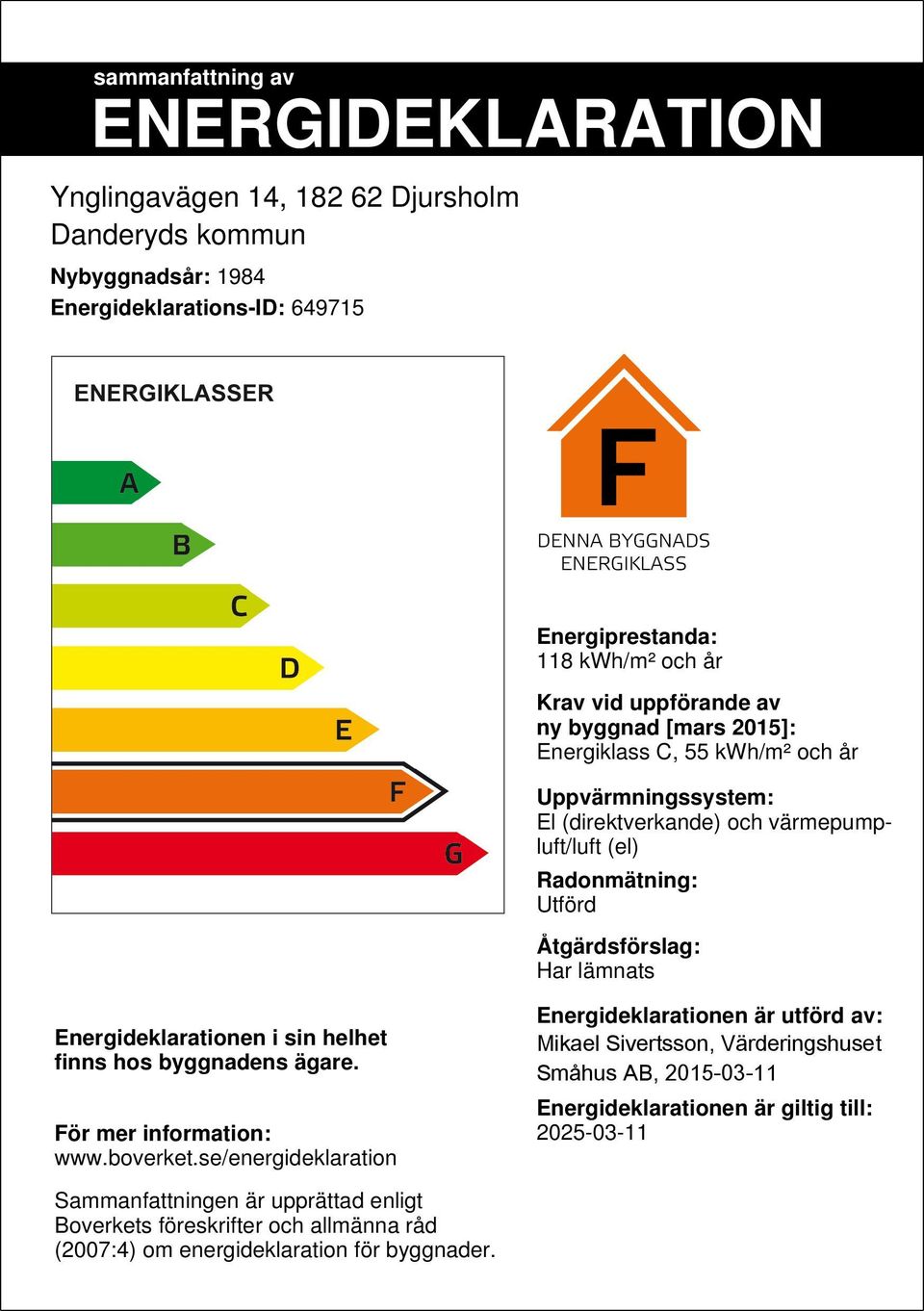 Energideklarationen i sin helhet finns hos byggnadens ägare. För mer information: www.boverket.