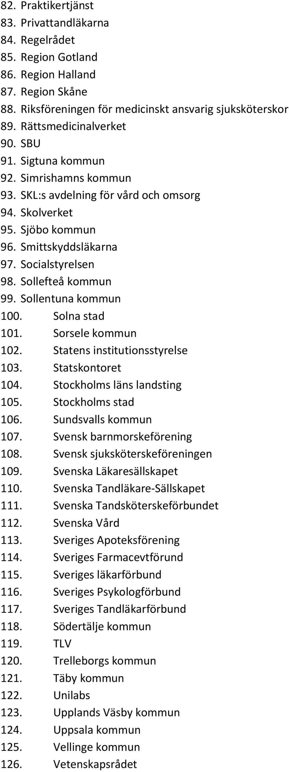 Sollentuna kommun 100. Solna stad 101. Sorsele kommun 102. Statens institutionsstyrelse 103. Statskontoret 104. Stockholms läns landsting 105. Stockholms stad 106. Sundsvalls kommun 107.