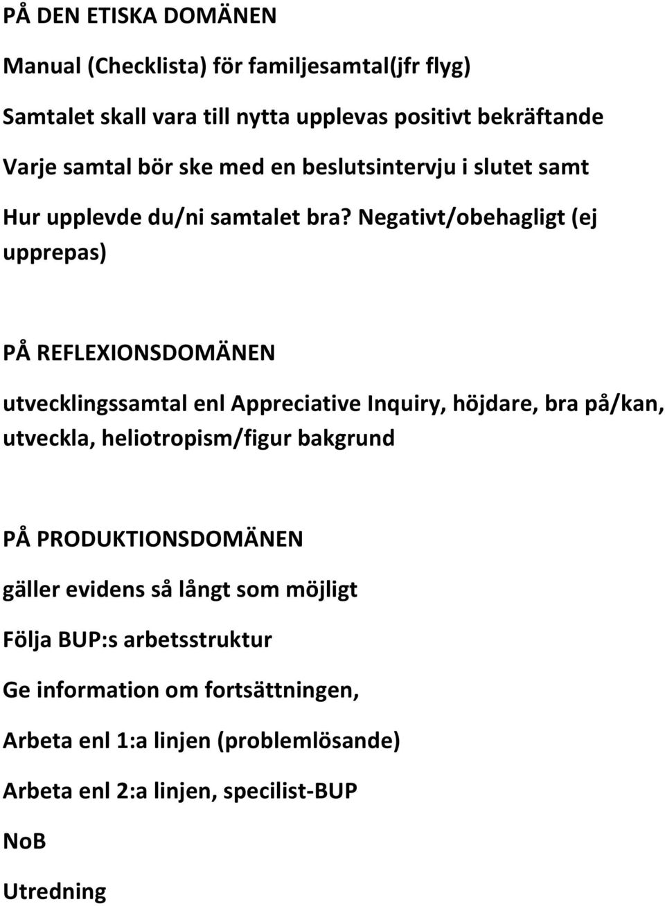 Negativt/obehagligt (ej upprepas) PÅ REFLEXIONSDOMÄNEN utvecklingssamtal enl Appreciative Inquiry, höjdare, bra på/kan, utveckla,